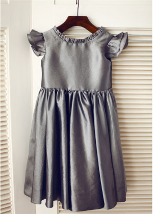Flutter Cap Sleeves Gray Taffeta Knee Length Flower Girl Dress